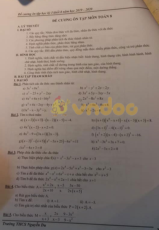 Đề cương ôn tập học kì 1 lớp 8 môn Toán trường THCS Nguyễn Du năm học 2019 - 2020