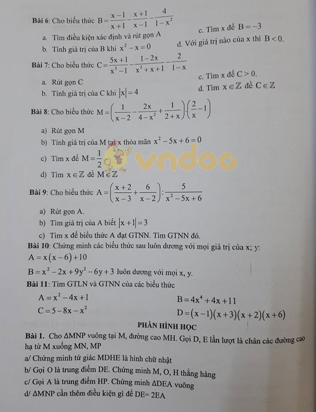 Đề cương ôn tập học kì 1 lớp 8 môn Toán trường THCS Phú Thượng, Tây Hồ năm 2019 - 2020