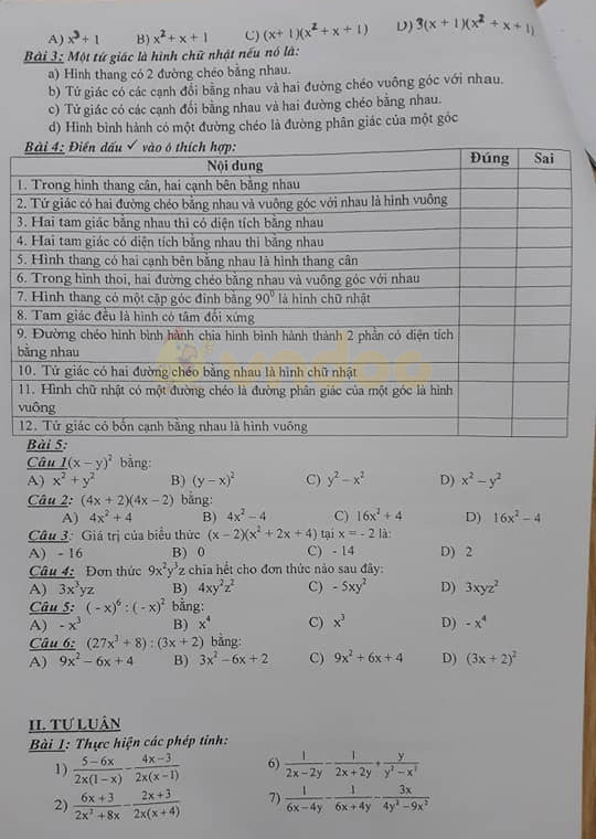 Đề cương ôn tập học kì 1 lớp 8 môn Toán trường THCS Tân Mai, Hoàng Mai năm học 2019 - 2020