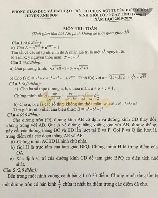 Đề thi chọn học sinh giỏi cấp tỉnh lớp 9 môn Toán Phòng GD&ĐT huyện Anh Sơn năm học 2019 - 2020