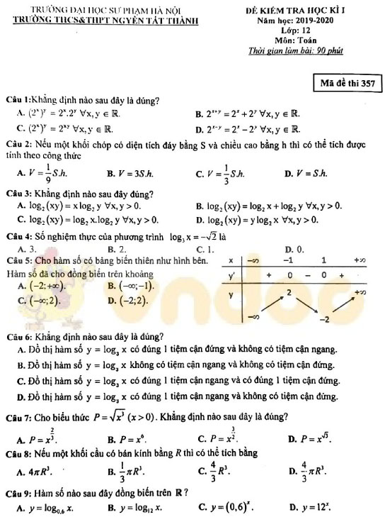 Đề thi học kì 1 lớp 12 môn Toán trường THPT Nguyễn Tất Thành, Hà Nội năm học 2019-2020
