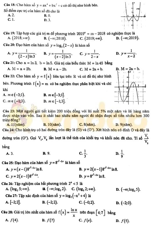 Đề thi học kì 1 lớp 12 môn Toán trường THPT Nguyễn Tất Thành, Hà Nội năm học 2019-2020