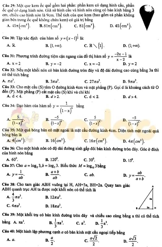 Đề thi học kì 1 lớp 12 môn Toán trường THPT Nguyễn Tất Thành, Hà Nội năm học 2019-2020