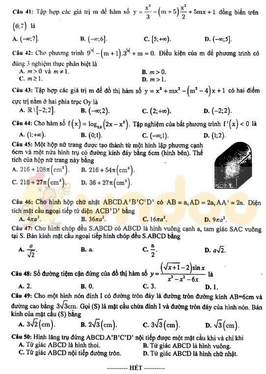 Đề thi học kì 1 lớp 12 môn Toán trường THPT Nguyễn Tất Thành, Hà Nội năm học 2019-2020