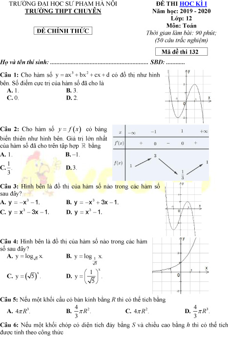 Đề thi học kì 1 lớp 12 môn Toán trường THPT chuyên ĐHSP Hà Nội năm học 2019-2020
