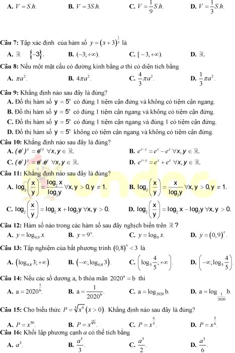 Đề thi học kì 1 lớp 12 môn Toán trường THPT chuyên ĐHSP Hà Nội năm học 2019-2020