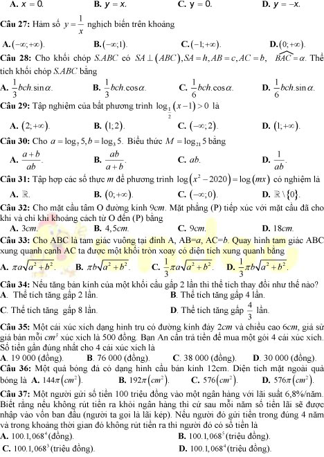 Đề thi học kì 1 lớp 12 môn Toán trường THPT chuyên ĐHSP Hà Nội năm học 2019-2020