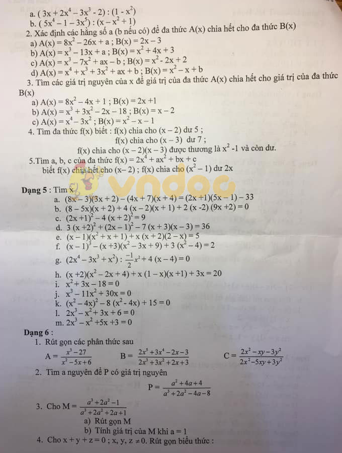 Đề cương ôn thi học kì 1 lớp 8 môn Toán trường THCS CLC Lê Lợi, Hà Đông năm học 2019 - 2020