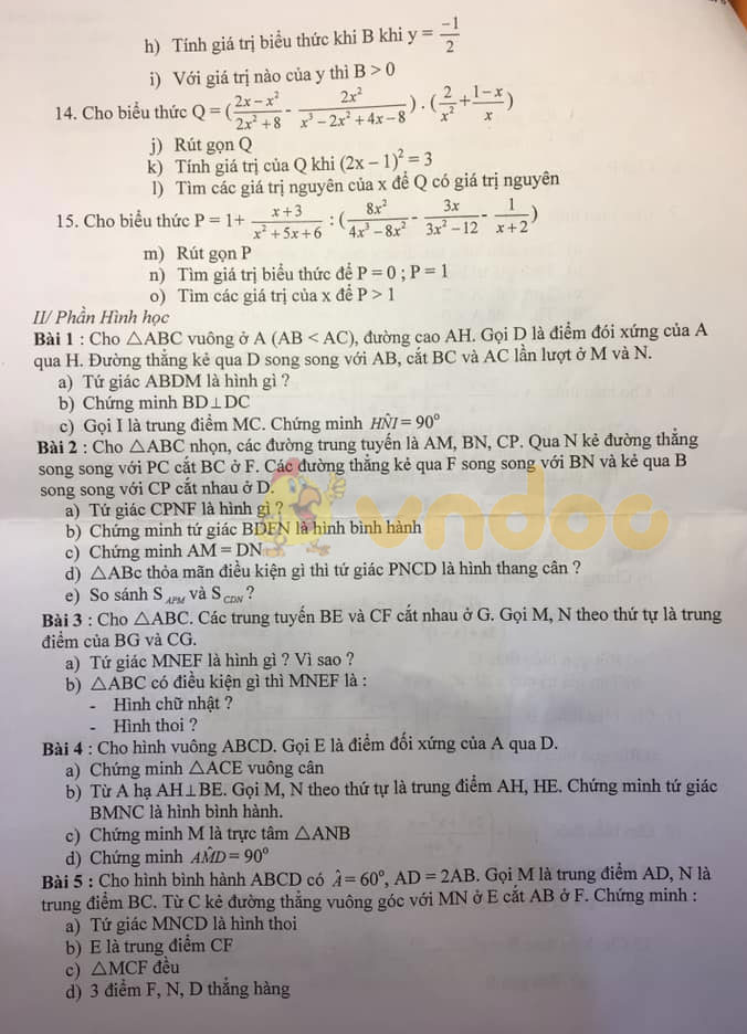 Đề cương ôn thi học kì 1 lớp 8 môn Toán trường THCS CLC Lê Lợi, Hà Đông năm học 2019 - 2020