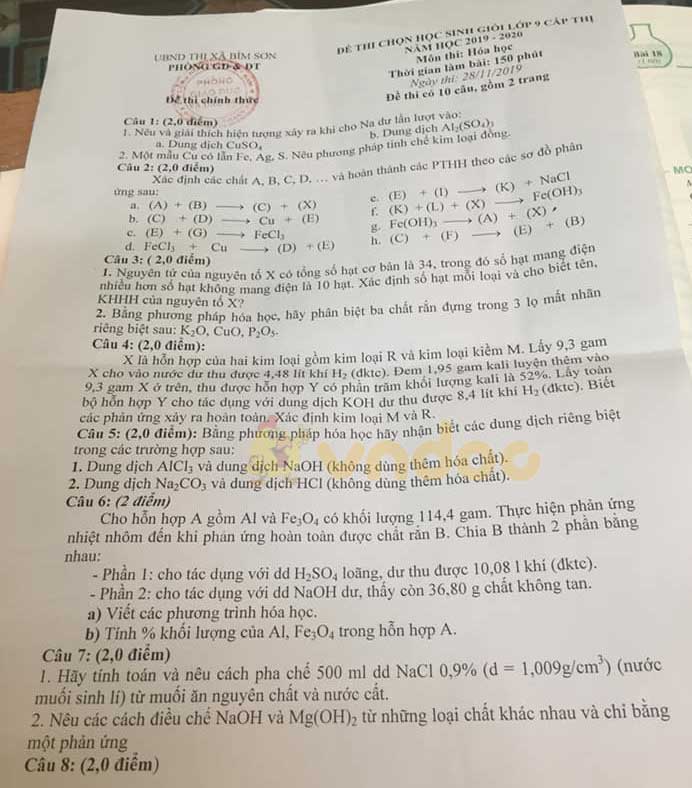 Đề thi chọn học sinh giỏi lớp 9 môn Hóa học Phòng GD&ĐT Bỉm Sơn năm học 2019 - 2020