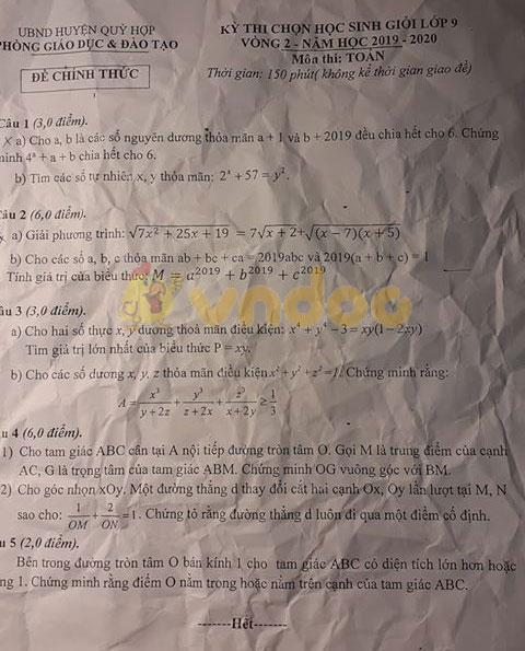 Đề thi chọn học sinh giỏi lớp 9 môn Toán Phòng GD&ĐT huyện Nghi Lộc năm học 2019 - 2020 (lần 3)