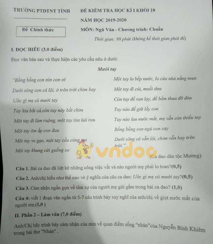 Đề thi học kì 1 lớp 10 môn Ngữ văn Trường PTDTNT tỉnh Lai Châu năm học 2019 - 2020