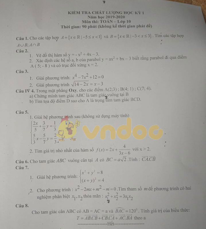 Đề thi học kì 1 lớp 10 môn Toán năm học 2019 - 2020