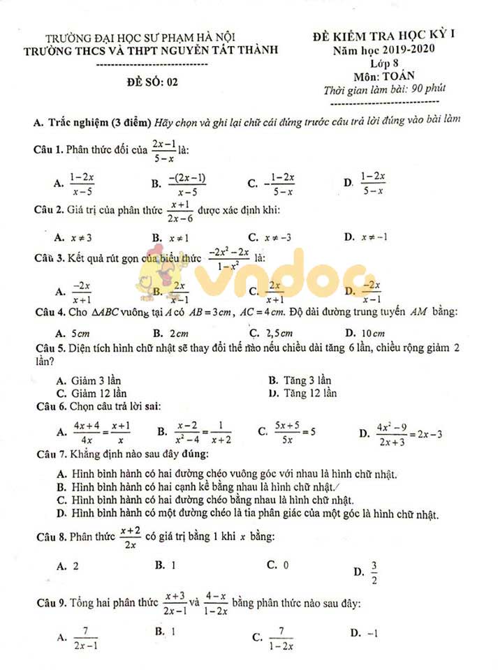 Đề thi học kì 1 lớp 8 môn Toán Trường THCS & THPT Nguyễn Tất Thành, Hà Nội năm học 2019 - 2020 (đề số 2)