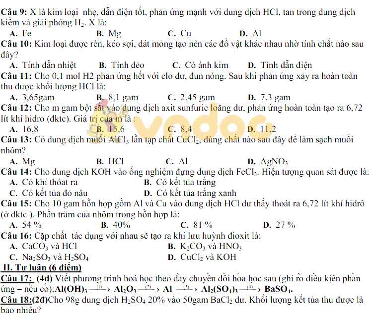 Đề thi học kì 1 lớp 9 môn Hóa học trường THCS Văn Nhân, Phú Xuyên năm 2019 - 2020