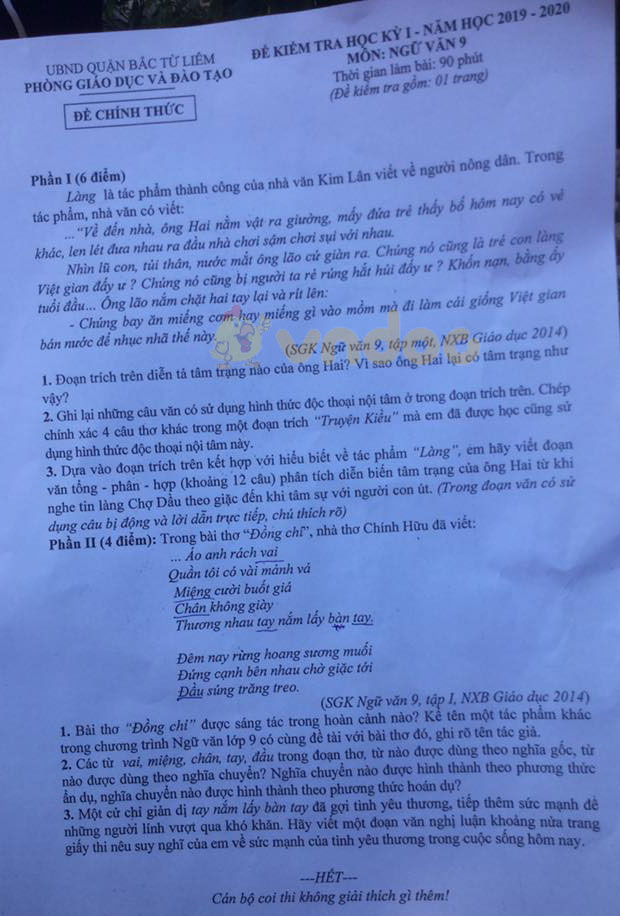 Đề thi học kì 1 lớp 9 môn Ngữ văn Phòng GD&ĐT Bắc Từ Liêm năm học 2019 - 2020