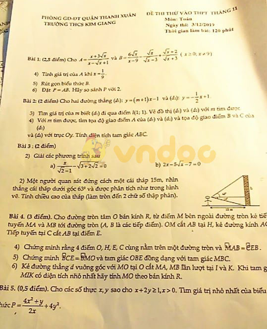 Đề thi thử vào lớp 10 môn Toán trường THCS Kim Giang, Thanh Xuân năm học 2019 - 2020