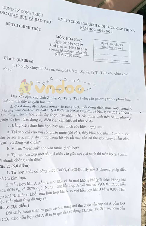 Đề thi chọn học sinh giỏi cấp thị xã lớp 9 môn Hóa học Phòng GD&ĐT Đông Triều năm học 2019 - 2020