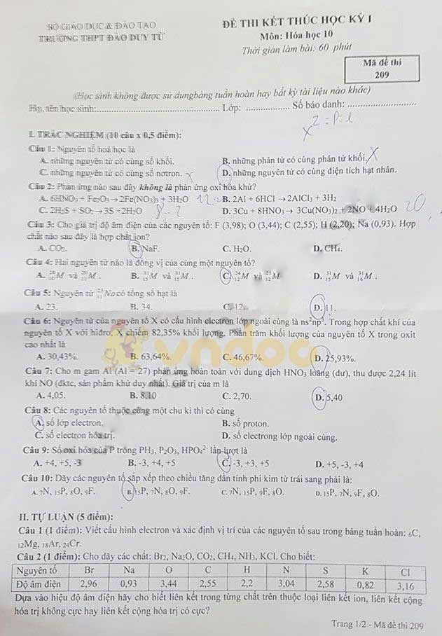 Đề thi học kì 1 lớp 10 môn Hóa học trường THPT Đào Duy Từ năm học 2019 - 2020
