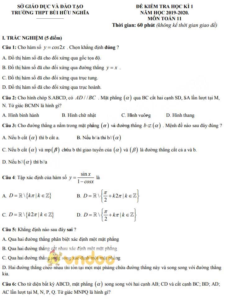 Đề thi học kì 1 lớp 11 môn Toán trường THPT Bùi Hữu Nghĩa