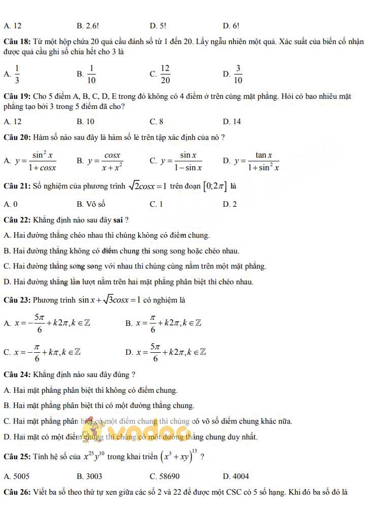 Đề thi học kì 1 lớp 11 môn Toán trường THPT Bùi Hữu Nghĩa