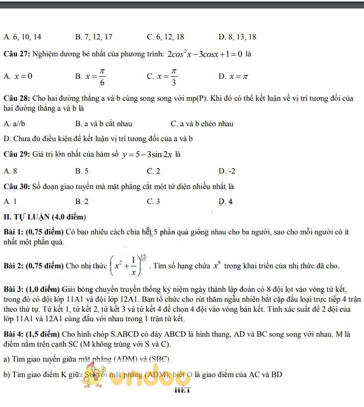 Đề thi học kì 1 lớp 11 môn Toán trường THPT Bùi Hữu Nghĩa