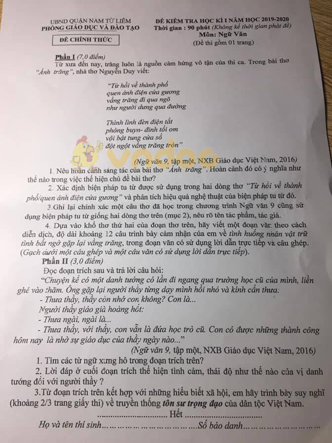 Đề thi học kì 1 lớp 9 môn Ngữ văn Phòng GD&ĐT Nam Từ Liêm năm học 2019 - 2020