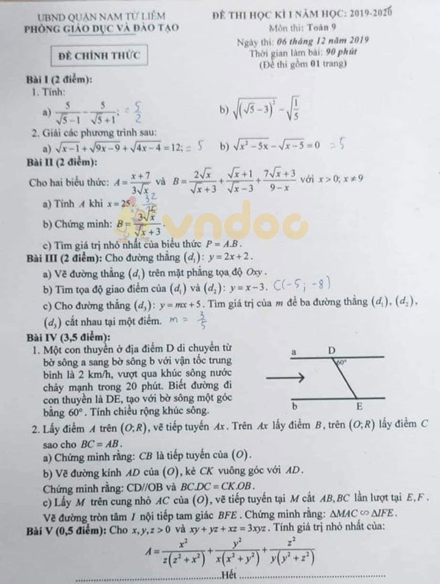 Đề thi học kì 1 lớp 9 môn Toán Phòng GD&ĐT Nam Từ Liêm năm học 2019 - 2020
