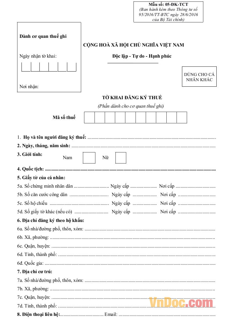 Mẫu tờ khai thuế TNCN