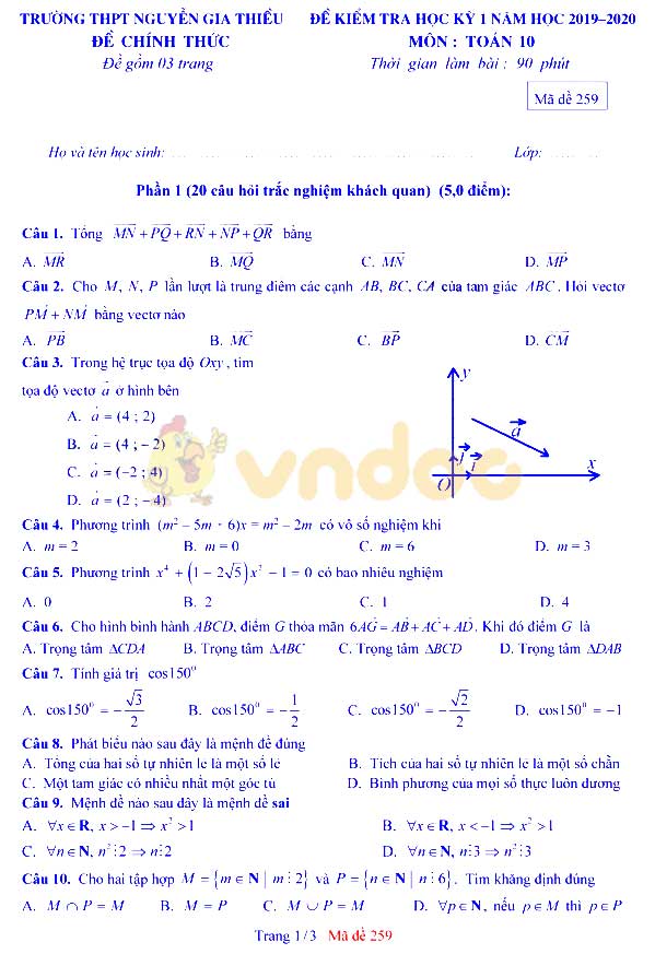 Đề thi học kì 1 lớp 10 môn Toán trường THPT Nguyễn Gia Thiều năm học 2019 - 2020
