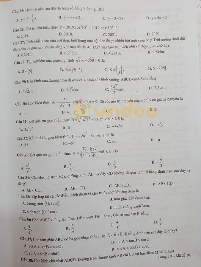 Đề thi học kì 1 lớp 9 môn Toán Sở GD&ĐT Hưng Yên năm học 2019 - 2020