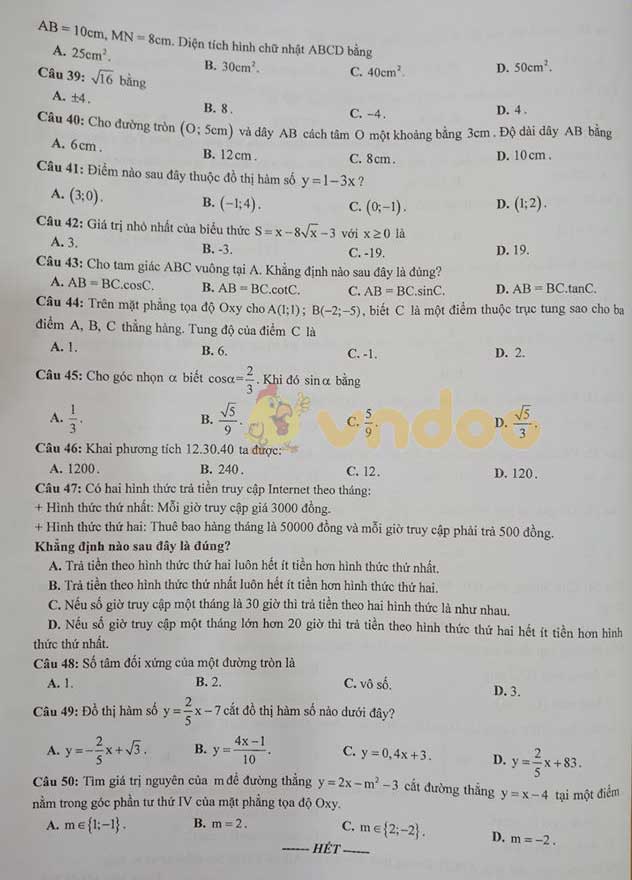 Đề thi học kì 1 lớp 9 môn Toán Sở GD&ĐT Hưng Yên năm học 2019 - 2020