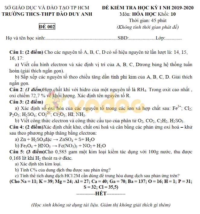 Đề thi học kì 1 lớp 10 môn Hóa học trường THPT Đào Duy Anh năm học 2019 - 2020