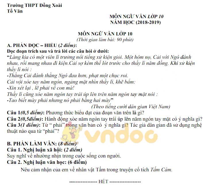 Đề thi học kì 1 lớp 10 môn Ngữ văn Trường THPT Đồng Xoài năm học 2018 - 2019