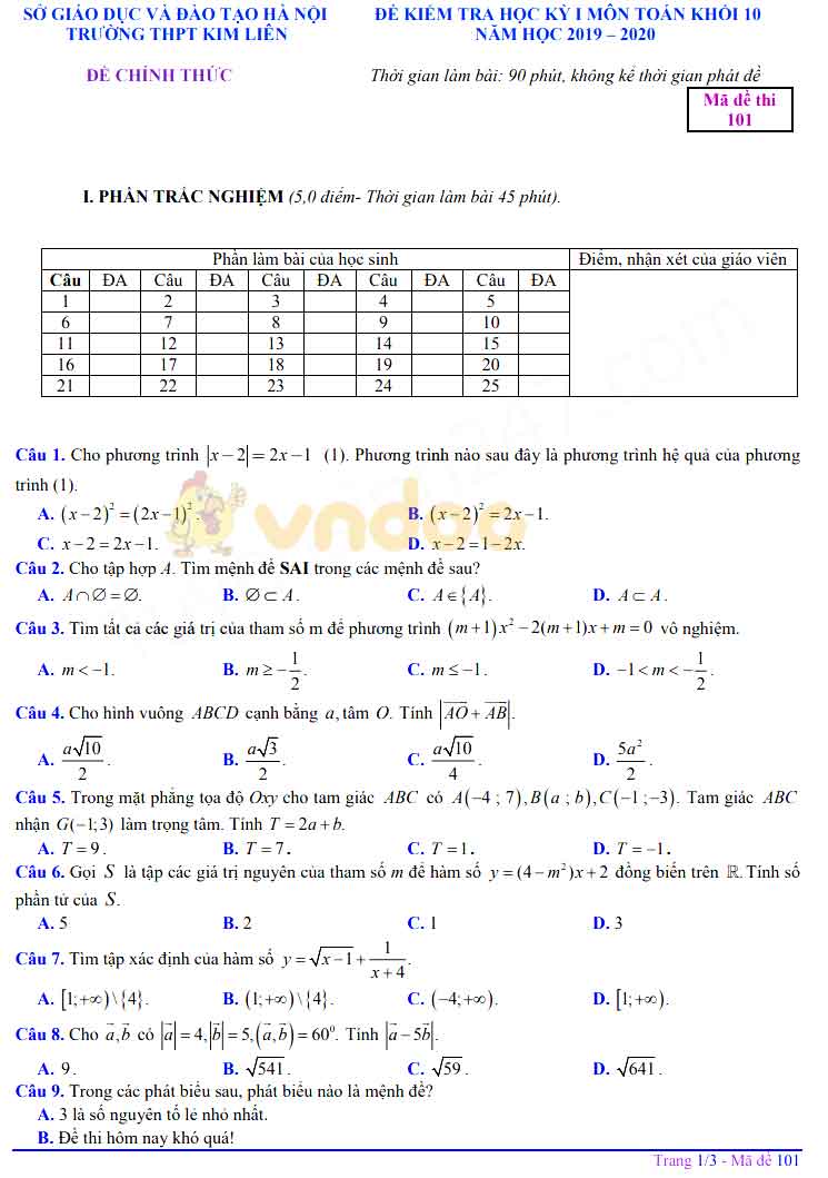Đề thi học kì 1 lớp 10 môn Toán Trường THPT Kim Liên, Hà Nội năm học 2019 - 2020