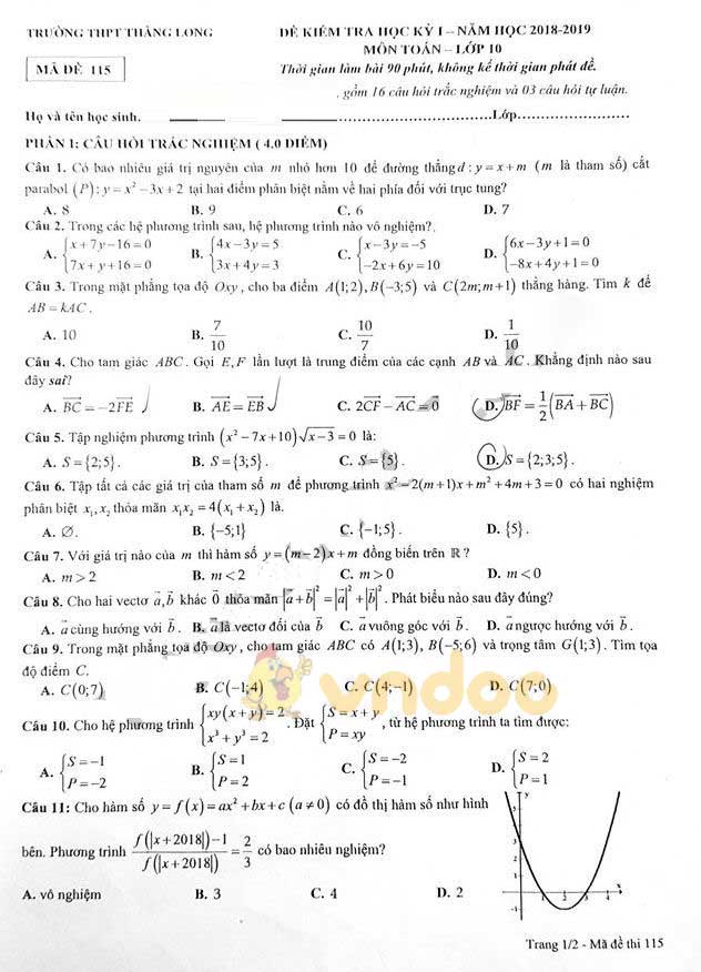 Đề thi học kì 1 lớp 10 môn Toán Trường THPT Thăng Long năm học 2018 - 2019