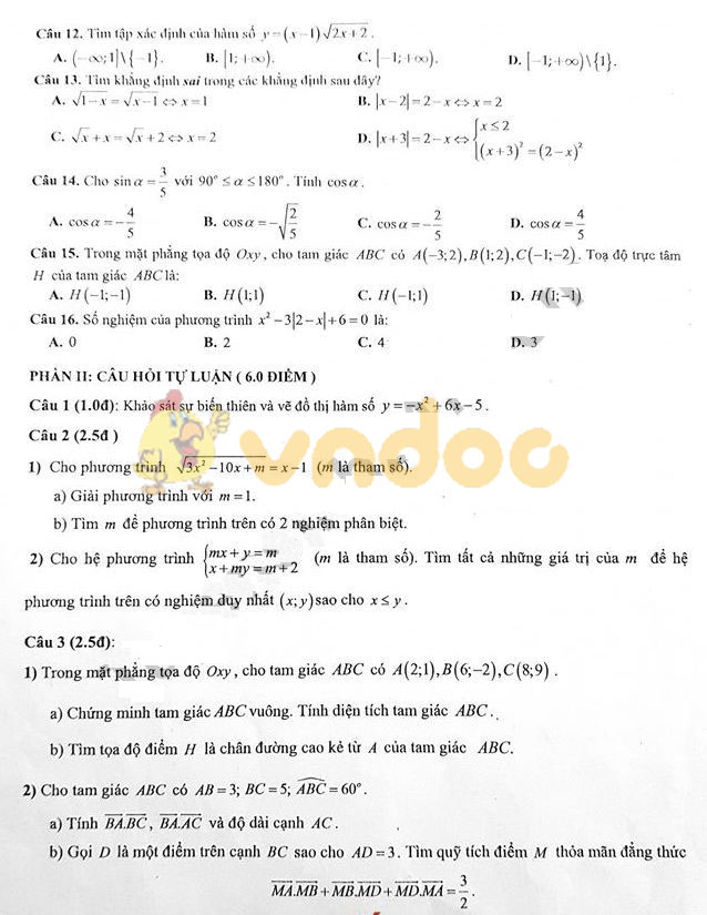 Đề thi học kì 1 lớp 10 môn Toán Trường THPT Thăng Long năm học 2018 - 2019