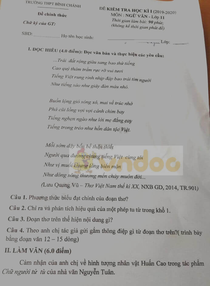 Đề thi học kì 1 lớp 11 môn Ngữ văn