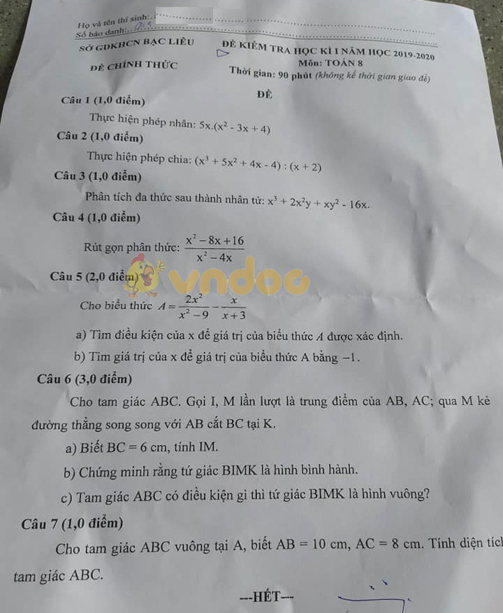 Đề thi học kì 1 lớp 8 môn Toán Sở GDKHCN Bạc Liêu năm học 2019 - 2020