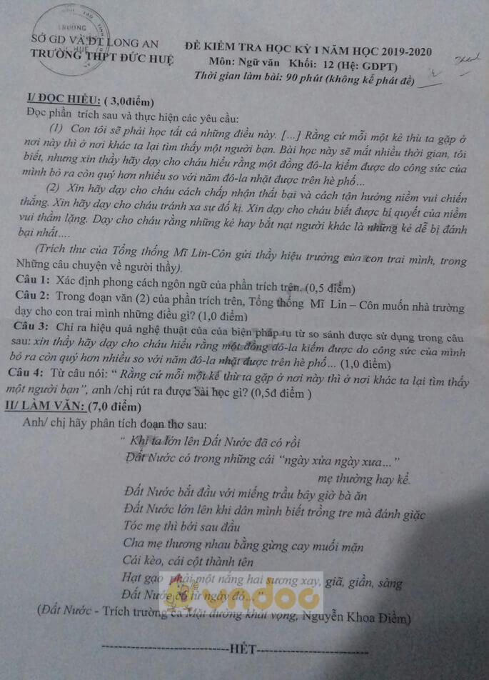 Đề thi học kì 1 lớp 12 môn Ngữ văn trường THPT Đức Huệ