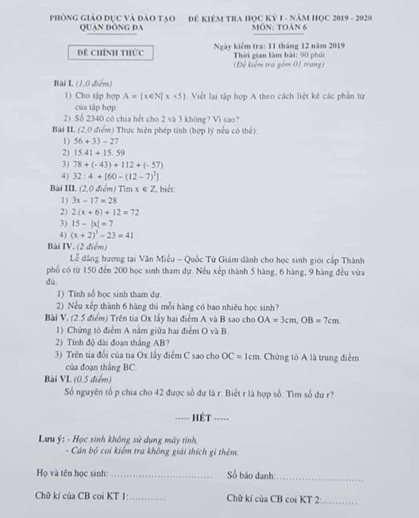 Đề thi học kì 1 lớp 6 môn Toán