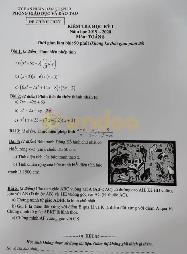 Đề thi học kì 1 lớp 8 môn Toán Phòng GD&ĐT Quận 10 năm học 2019 - 2020