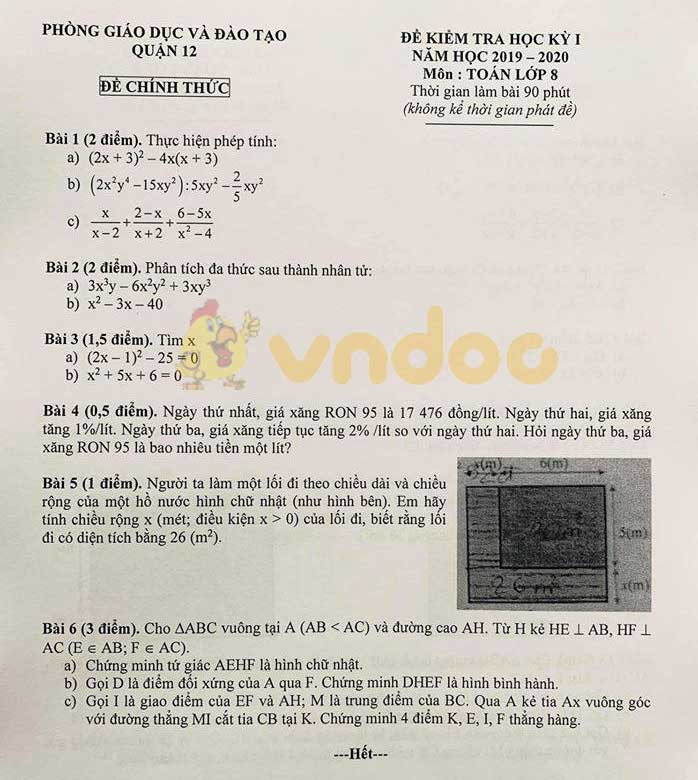 Đề thi học kì 1 lớp 8 môn Toán Phòng GD&ĐT Quận 12 năm học 2019 - 2020