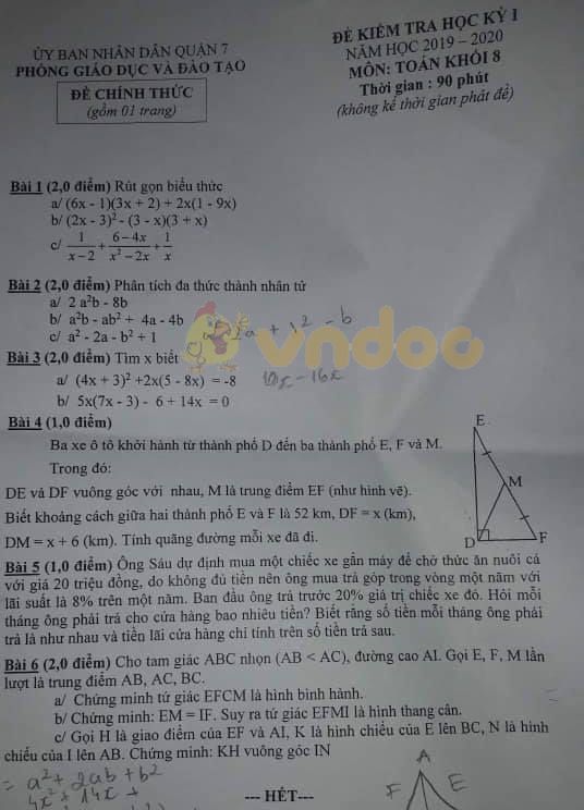 Đề thi học kì 1 lớp 8 môn Toán Phòng GD&ĐT Quận 7 năm học 2019 - 2020