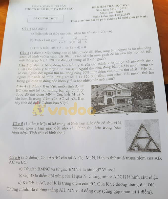Đề thi học kì 1 lớp 8 môn Toán Phòng GD&ĐT quận Bình Tân năm học 2019 - 2020