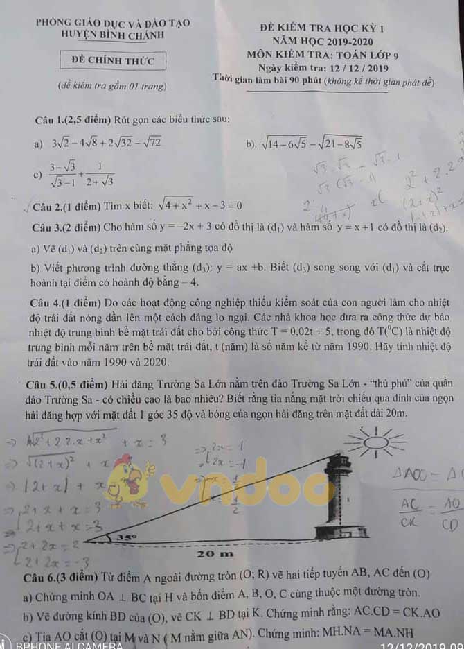 Đề thi học kì 1 lớp 9 môn Toán Phòng GD&ĐT huyện Bình Chánh năm học 2019 - 2020