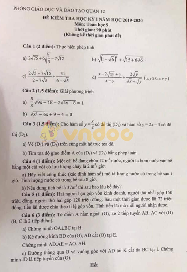 Đề thi học kì 1 lớp 9 môn Toán Phòng GD&ĐT Quận 12 năm học 2019 - 2020