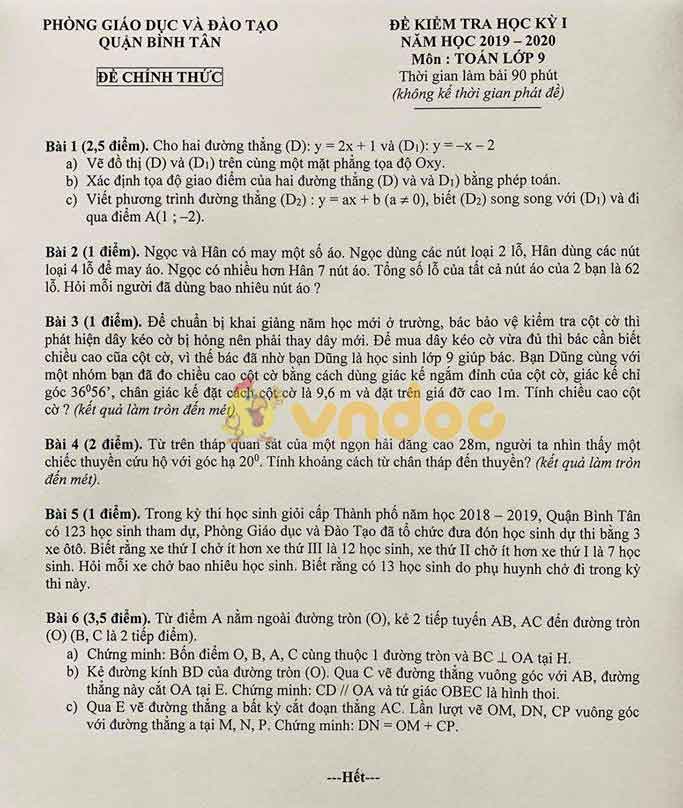 Đề thi học kì 1 lớp 9 môn Toán Phòng GD&ĐT quận Bình Tân năm học 2019 - 2020