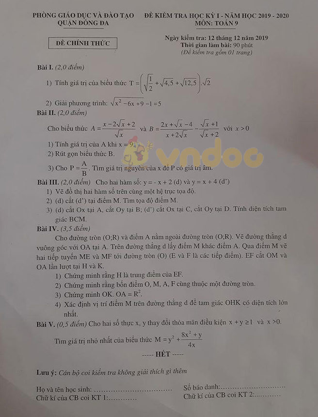Đề thi học kì 1 lớp 9 môn Toán Phòng GD&ĐT quận Đống Đa năm học 2019 - 2020