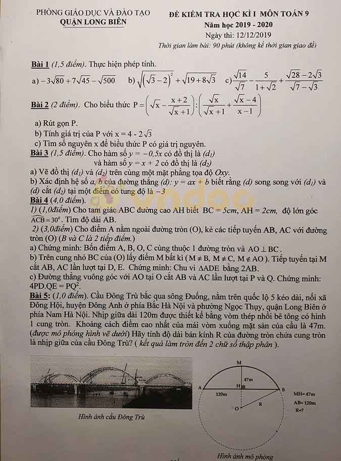 Đề thi học kì 1 lớp 9 môn Toán Phòng GD&ĐT quận Long Biên năm học 2019 - 2020